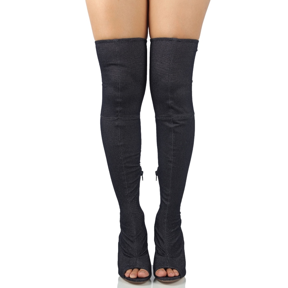 Blue Denim Over the Knee Back Tie Block Heel Boot - Picture 4 of 7